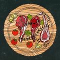 Lamb Ribs Chops with Herbs, Lemon, Tomato, Parsley, Thyme, Pepper. On a Round Wooden Cutting Board. Meat Guide for Butcher Shop or