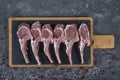 Lamb ribs cooking. Raw rack of lamb with spices and condiments. Uncooked mutton rack of lamb studio shot Royalty Free Stock Photo