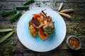 Lamb ribs with sweet potato parmentier recipe Royalty Free Stock Photo