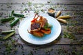 Lamb ribs with sweet potato parmentier recipe Royalty Free Stock Photo