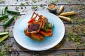 Lamb ribs with sweet potato parmentier recipe Royalty Free Stock Photo