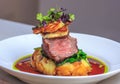 Lamb Rump medium, creamy garlic mash, haloumi Royalty Free Stock Photo