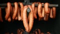 Lamb sausages red smokehouse smoked on beech wood slaughter traditional Italy household detail close-up, sausage-meat