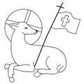 Lamb or sheep with a cross. Religious symbol of Jesus Christ. Vector illustration. Linear hand drawing.