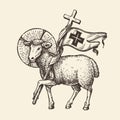 Lamb or sheep holding cross. Religious symbol. Sketch vector Royalty Free Stock Photo