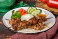Lamb shish kebab with vegetables on a white plate Royalty Free Stock Photo