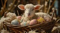 Lamb Sitting in Basket With Decorated Eggs Royalty Free Stock Photo