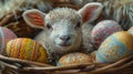 Lamb Sitting in Basket of Easter Eggs Royalty Free Stock Photo