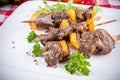 Lamb skewers on plate with vegetables Royalty Free Stock Photo