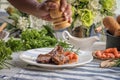 lamb steak on white plate Royalty Free Stock Photo