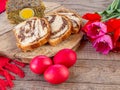 lamb tripe meat cake, sponge cake and colored easter eggs on table Royalty Free Stock Photo