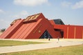 LAMBAYEQUE, PERU -Facade of the Sipan Lord royal tombs museum in modern architecture style about the Moche