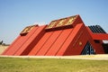 LAMBAYEQUE, PERU -Facade of the Sipan Lord royal tombs museum in modern architecture style about the Moche