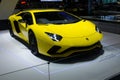 Nonthaburi , Thailand - Dec 6, 2018: Lamborghini Aventador yellow super sports cars in motor expo Royalty Free Stock Photo