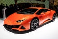 Lamborghini Huracan EVO Spyder sports car showcased at the 89th Geneva International Motor Show. Geneva, Switzerland - March 5, Royalty Free Stock Photo