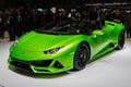 Lamborghini Huracan Evo Spyder supercar at the 89th Geneva International Motor Show. Geneva, Switzerland - March 5, 2019 Royalty Free Stock Photo