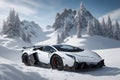 A Lamborghini Veneno on a snowy mountain peak surrounded by pristine white snow generated by AI Royalty Free Stock Photo