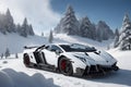 A Lamborghini Veneno on a snowy mountain peak surrounded by pristine white snow generated by AI Royalty Free Stock Photo