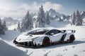 A Lamborghini Veneno on a snowy mountain peak surrounded by pristine white snow generated by AI Royalty Free Stock Photo