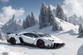 A Lamborghini Veneno on a snowy mountain peak surrounded by pristine white snow generated by AI Royalty Free Stock Photo