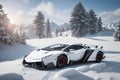 A Lamborghini Veneno on a snowy mountain peak surrounded by pristine white snow generated by AI Royalty Free Stock Photo