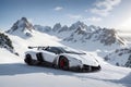 A Lamborghini Veneno on a snowy mountain peak surrounded by pristine white snow generated by AI Royalty Free Stock Photo