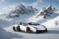 A Lamborghini Veneno on a snowy mountain peak surrounded by pristine white snow generated by AI Royalty Free Stock Photo