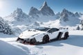 A Lamborghini Veneno on a snowy mountain peak surrounded by pristine white snow generated by AI Royalty Free Stock Photo