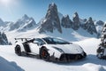 A Lamborghini Veneno on a snowy mountain peak surrounded by pristine white snow generated by AI Royalty Free Stock Photo