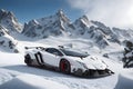 A Lamborghini Veneno on a snowy mountain peak surrounded by pristine white snow generated by AI Royalty Free Stock Photo