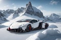 A Lamborghini Veneno on a snowy mountain peak surrounded by pristine white snow generated by AI Royalty Free Stock Photo