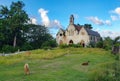 Lambs lie and graze in front of a decaying church in the countryside of Barbados