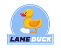 Lame duck with cast on his leg. Sad bird with bandaged foot. Funny animal, failure accident. Humor sticker. Cute mascot