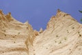 Lame Rosse in the Sibillini`s mountains. Stratifications of rock in the shape of pinnacles and towers consisting of gravel held