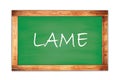 LAME text written on green school board