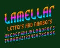 Lamellar letters with numbers and currency signs. Colorful vibrant font. Isolated english alphabet