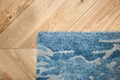 Laminate parquete floor. Light wooden texture. Beige soft carpet. Warm interior design. Royalty Free Stock Photo