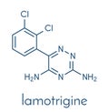 Lamotrigine seizures drug molecule. Used in treatment of epilepsy and bipolar disorder. Skeletal formula.