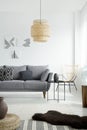 Lamp above grey couch with pillows in white living room interior with armchair and posters. Real photo Royalty Free Stock Photo