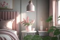 Lamp above table with flowers in pink pastel bedroom interior with window above bed. Real photo Royalty Free Stock Photo