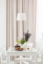 Lamp above white table and chairs in pastel dining room interior with plants and drapes. Real photo Royalty Free Stock Photo