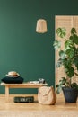 Lamp above wooden stool and bag in green flat interior with hat. Real photo Royalty Free Stock Photo