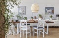 Lamp above wooden table in rustic dining room interior with white chairs and posters. Real photo Royalty Free Stock Photo