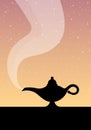 Lamp aladdin magic vector icon smoke. Aladin genie lamp sunset or sunrise bottle wish cartoon illustration.