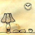Lamp, book and cup on the table. Hand drawn