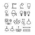 Lamp, bulbs, chandelier and electrical devices thin line vector icons set Royalty Free Stock Photo