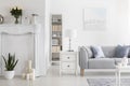Lamp on cabinet and bookshelf next to grey sofa in white flat interior with painting and flowers. Real photo Royalty Free Stock Photo