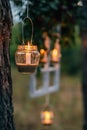 Lamp with candle is hanging on a tree at night. Wedding nigh