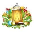 Lamp with candles stand on snowy fir tree branches with presents. Royalty Free Stock Photo