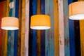 Lamp Circle Orange.Suspended ceiling lamp.modern, retro pendant light with vintage light bulb. Royalty Free Stock Photo
